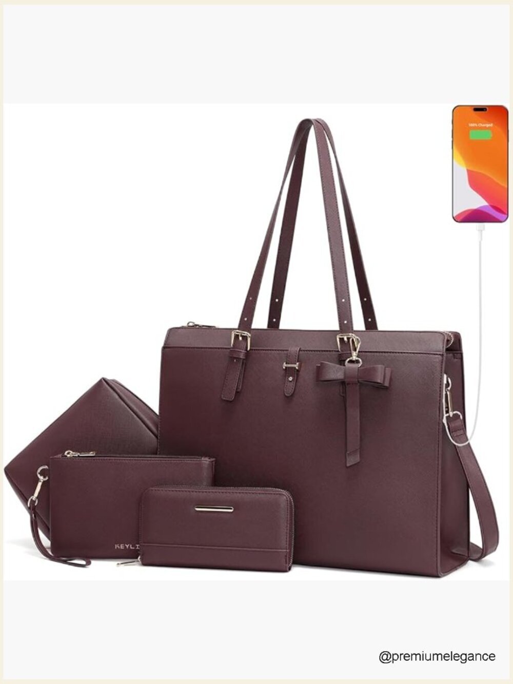 Large Leather Laptop Bag USB Charging 4pc Set Shoulder Tote Briefcase